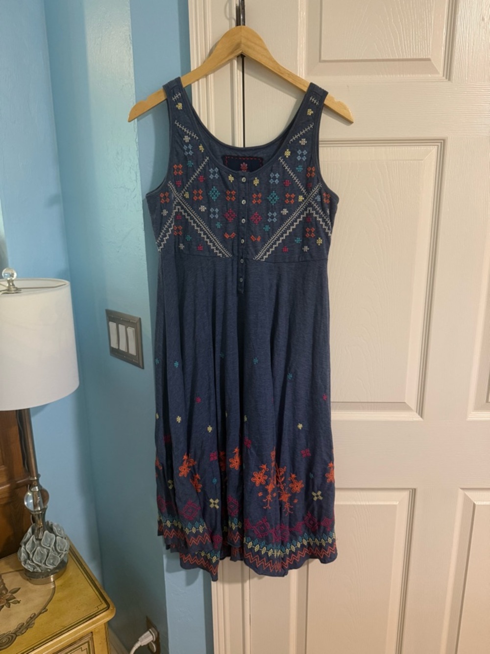 Johnny was Embroidered Navy Sleeveless Midi Dress 100% cotton